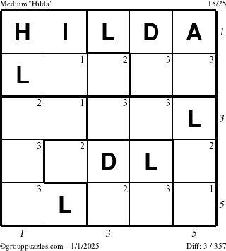 The grouppuzzles.com Medium Hilda puzzle for Wednesday January 1, 2025 with all 3 steps marked