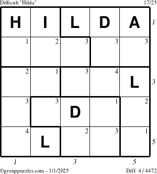 The grouppuzzles.com Difficult Hilda puzzle for Wednesday January 1, 2025 with all 4 steps marked