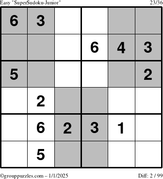 The grouppuzzles.com Easy SuperSudoku-Junior puzzle for Wednesday January 1, 2025