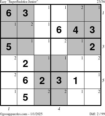 The grouppuzzles.com Easy SuperSudoku-Junior puzzle for Wednesday January 1, 2025 with all 2 steps marked