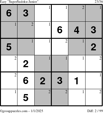 The grouppuzzles.com Easy SuperSudoku-Junior puzzle for Wednesday January 1, 2025 with the first 2 steps marked