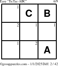 The grouppuzzles.com Easy TicTac-ABC puzzle for Wednesday January 1, 2025 with the first 2 steps marked