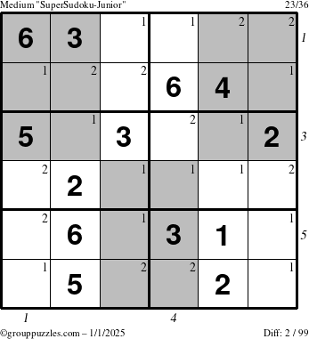 The grouppuzzles.com Medium SuperSudoku-Junior puzzle for Wednesday January 1, 2025, suitable for printing, with all 2 steps marked