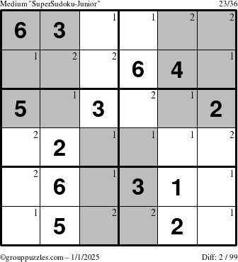 The grouppuzzles.com Medium SuperSudoku-Junior puzzle for Wednesday January 1, 2025 with the first 2 steps marked