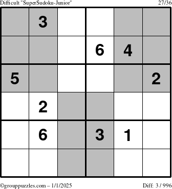 The grouppuzzles.com Difficult SuperSudoku-Junior puzzle for Wednesday January 1, 2025