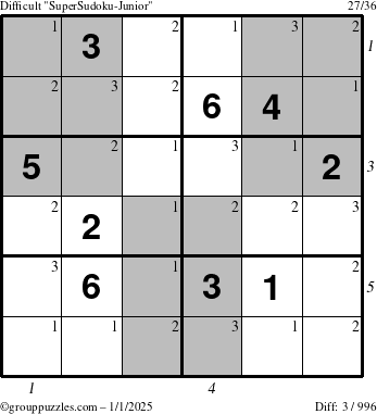 The grouppuzzles.com Difficult SuperSudoku-Junior puzzle for Wednesday January 1, 2025 with all 3 steps marked