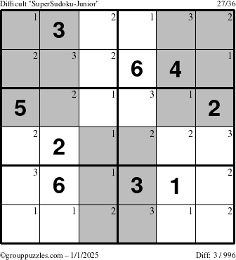 The grouppuzzles.com Difficult SuperSudoku-Junior puzzle for Wednesday January 1, 2025 with the first 3 steps marked