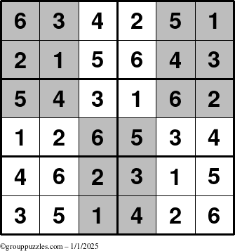 The grouppuzzles.com Answer grid for the SuperSudoku-Junior puzzle for Wednesday January 1, 2025