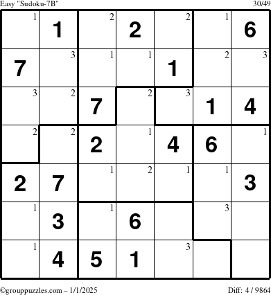 The grouppuzzles.com Easy Sudoku-7B puzzle for Wednesday January 1, 2025 with the first 3 steps marked