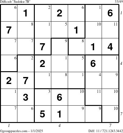 The grouppuzzles.com Difficult Sudoku-7B puzzle for Wednesday January 1, 2025 with all 11 steps marked