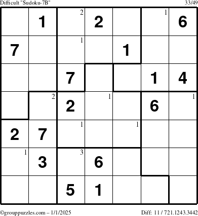 The grouppuzzles.com Difficult Sudoku-7B puzzle for Wednesday January 1, 2025 with the first 3 steps marked