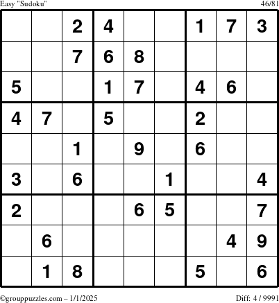 The grouppuzzles.com Easy Sudoku puzzle for Wednesday January 1, 2025