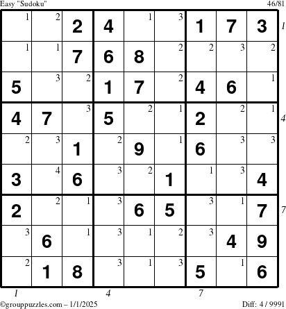 The grouppuzzles.com Easy Sudoku puzzle for Wednesday January 1, 2025 with all 4 steps marked