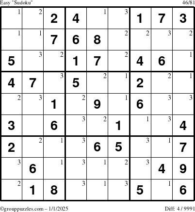 The grouppuzzles.com Easy Sudoku puzzle for Wednesday January 1, 2025 with the first 3 steps marked