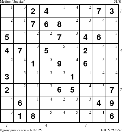 The grouppuzzles.com Medium Sudoku puzzle for Wednesday January 1, 2025 with all 5 steps marked