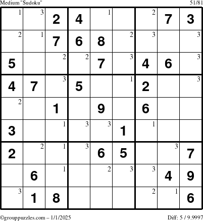 The grouppuzzles.com Medium Sudoku puzzle for Wednesday January 1, 2025 with the first 3 steps marked