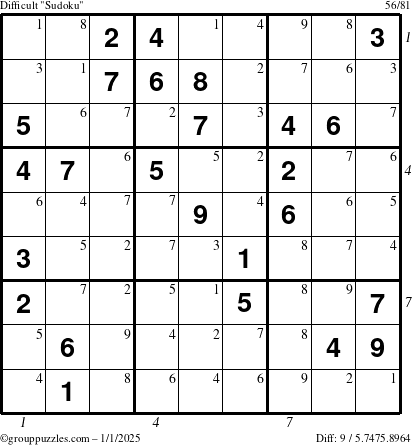 The grouppuzzles.com Difficult Sudoku puzzle for Wednesday January 1, 2025 with all 9 steps marked