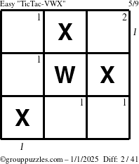 The grouppuzzles.com Easy TicTac-VWX puzzle for Wednesday January 1, 2025 with all 2 steps marked