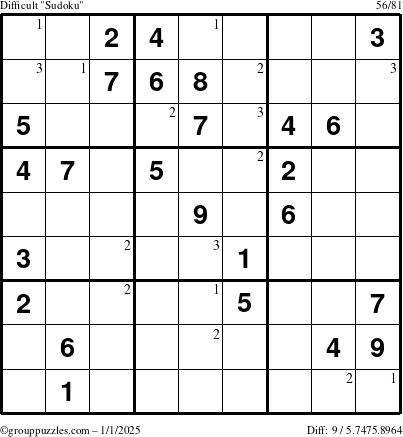 The grouppuzzles.com Difficult Sudoku puzzle for Wednesday January 1, 2025 with the first 3 steps marked