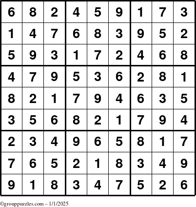 The grouppuzzles.com Answer grid for the Sudoku puzzle for Wednesday January 1, 2025