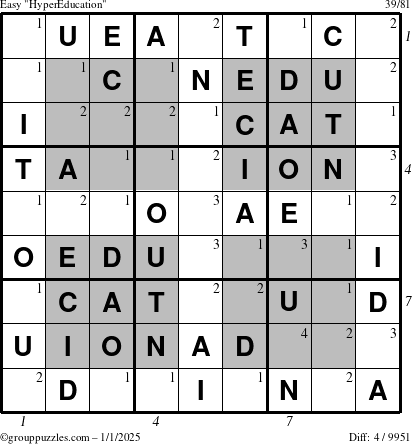 The grouppuzzles.com Easy HyperEducation-i23 puzzle for Wednesday January 1, 2025 with all 4 steps marked