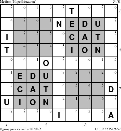 The grouppuzzles.com Medium HyperEducation-i23 puzzle for Wednesday January 1, 2025, suitable for printing, with all 8 steps marked