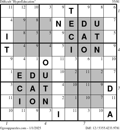 The grouppuzzles.com Difficult HyperEducation-i23 puzzle for Wednesday January 1, 2025 with all 12 steps marked