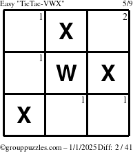 The grouppuzzles.com Easy TicTac-VWX puzzle for Wednesday January 1, 2025 with the first 2 steps marked