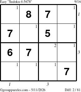 The grouppuzzles.com Easy Sudoku-4-5678 puzzle for Monday May 11, 2026, suitable for printing, with all 2 steps marked