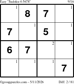 The grouppuzzles.com Easy Sudoku-4-5678 puzzle for Monday May 11, 2026 with the first 2 steps marked
