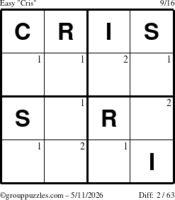 The grouppuzzles.com Easy Cris puzzle for Monday May 11, 2026 with the first 2 steps marked