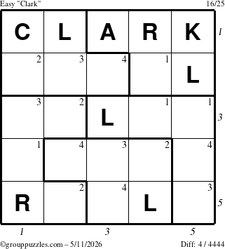 The grouppuzzles.com Easy Clark puzzle for Monday May 11, 2026, suitable for printing, with all 4 steps marked