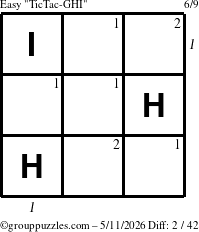 The grouppuzzles.com Easy TicTac-GHI puzzle for Monday May 11, 2026, suitable for printing, with all 2 steps marked