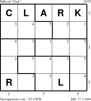 The grouppuzzles.com Difficult Clark puzzle for Monday May 11, 2026, suitable for printing, with all 5 steps marked