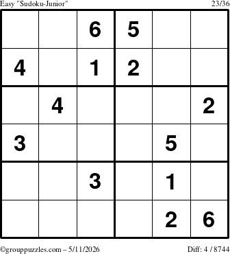 The grouppuzzles.com Easy Sudoku-Junior puzzle for Monday May 11, 2026