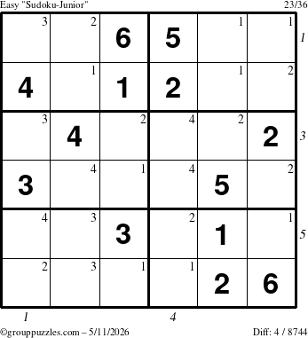 The grouppuzzles.com Easy Sudoku-Junior puzzle for Monday May 11, 2026 with all 4 steps marked