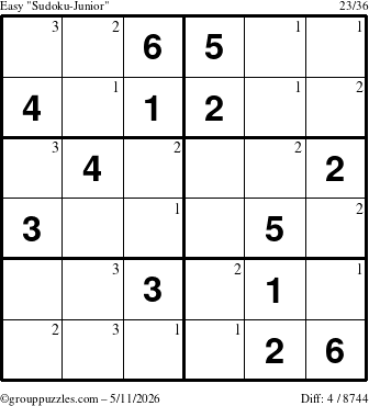 The grouppuzzles.com Easy Sudoku-Junior puzzle for Monday May 11, 2026 with the first 3 steps marked