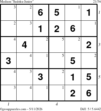 The grouppuzzles.com Medium Sudoku-Junior puzzle for Monday May 11, 2026, suitable for printing, with all 5 steps marked