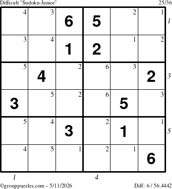 The grouppuzzles.com Difficult Sudoku-Junior puzzle for Monday May 11, 2026, suitable for printing, with all 6 steps marked