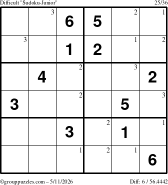 The grouppuzzles.com Difficult Sudoku-Junior puzzle for Monday May 11, 2026 with the first 3 steps marked