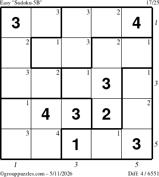 The grouppuzzles.com Easy Sudoku-5B puzzle for Monday May 11, 2026 with all 4 steps marked