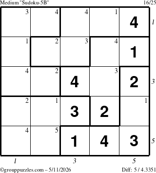 The grouppuzzles.com Medium Sudoku-5B puzzle for Monday May 11, 2026, suitable for printing, with all 5 steps marked