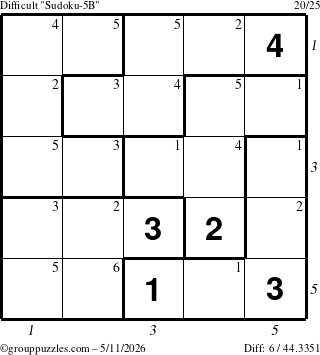 The grouppuzzles.com Difficult Sudoku-5B puzzle for Monday May 11, 2026, suitable for printing, with all 6 steps marked