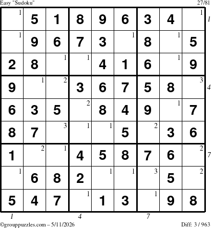 The grouppuzzles.com Easy Sudoku puzzle for Monday May 11, 2026 with all 3 steps marked