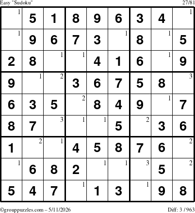 The grouppuzzles.com Easy Sudoku puzzle for Monday May 11, 2026 with the first 3 steps marked