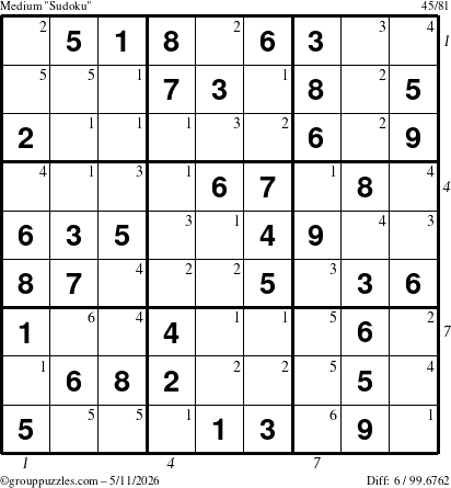 The grouppuzzles.com Medium Sudoku puzzle for Monday May 11, 2026 with all 6 steps marked