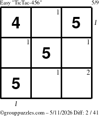 The grouppuzzles.com Easy TicTac-456 puzzle for Monday May 11, 2026 with all 2 steps marked