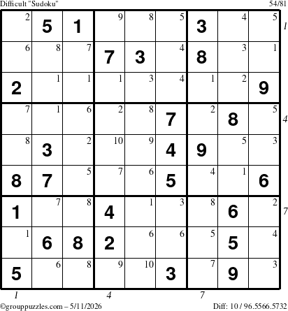 The grouppuzzles.com Difficult Sudoku puzzle for Monday May 11, 2026, suitable for printing, with all 10 steps marked