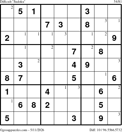 The grouppuzzles.com Difficult Sudoku puzzle for Monday May 11, 2026 with the first 3 steps marked