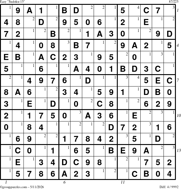 The grouppuzzles.com Easy Sudoku-15 puzzle for Monday May 11, 2026 with all 4 steps marked
